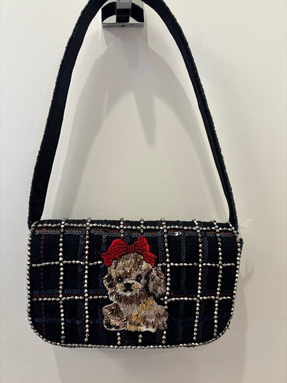 NWT Navy Beaded Plaid Shoulder Bag with Puppy Patch